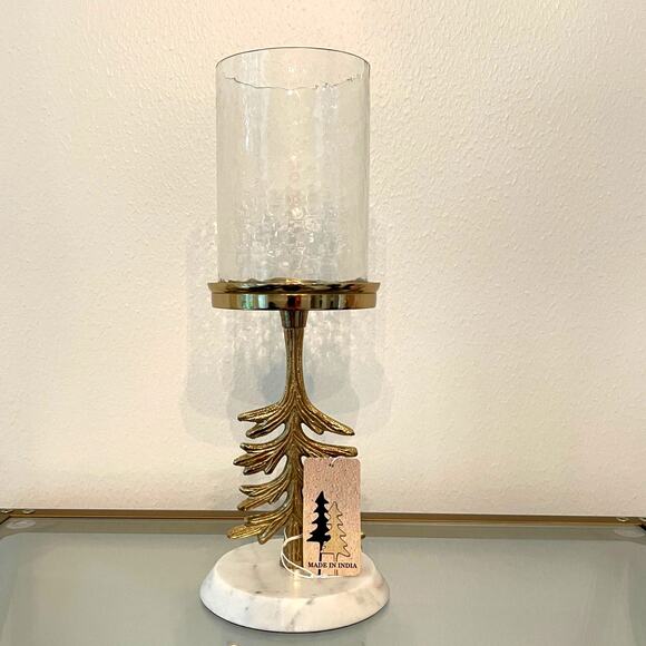 Glass Hurricane w/ Marble Base 14" Gold Metal Christmas Tree Made in India NEW - Picture 5 of 8